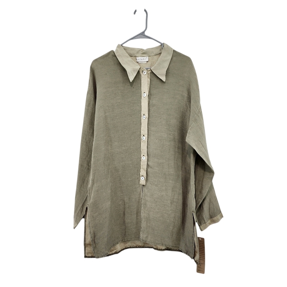 Kleen Women's Silk Linen Long Sleeves Button Front Tunic Top Lagenlook - L